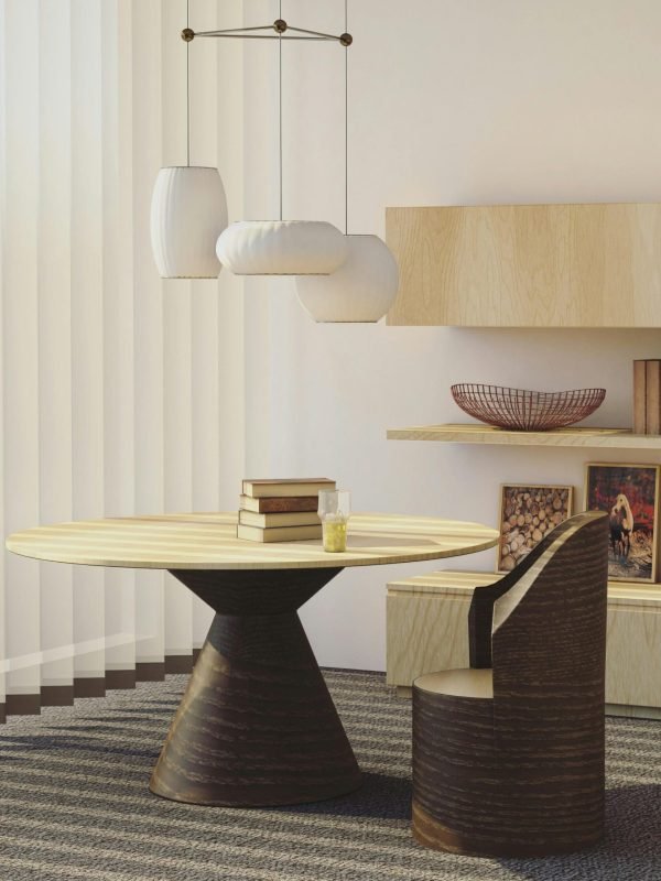 Modern wooden furniture set with a round table and chair in a minimalist living room.